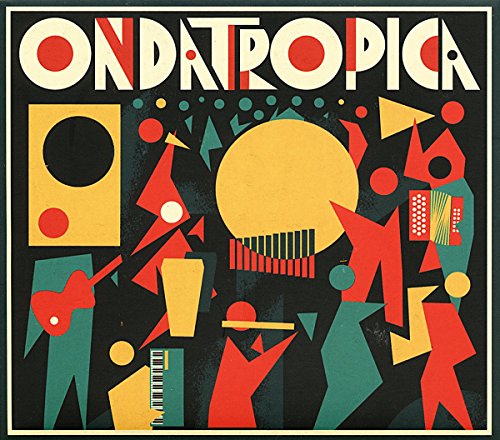 Album cover with abstract shapes and musical elements on a black background.