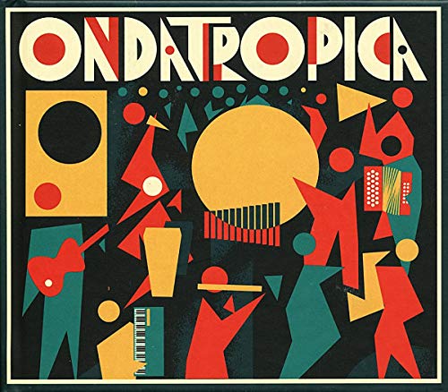 "Ondatropica vinyl album cover featuring abstract shapes and musical elements on a black background."