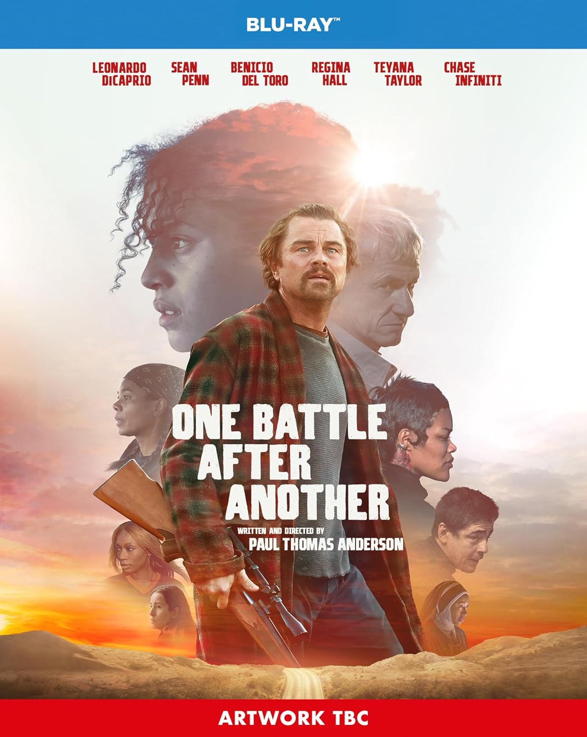 Blu-ray cover for “One Battle After Another” featuring a cast of characters.