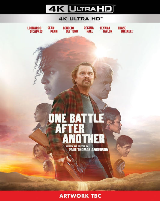 Movie poster for One Battle After Another featuring Leonardo DiCaprio and an ensemble cast.