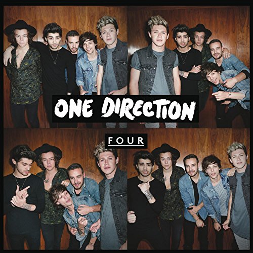 One Direction album cover "Four" featuring five young men in casual wear.