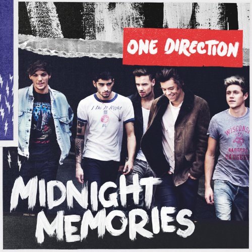 One Direction album cover, "Midnight Memories," featuring five young men.