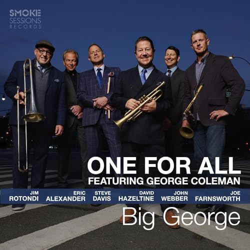 Six men in suits stand outdoors, some holding brass instruments, against a twilight sky.
