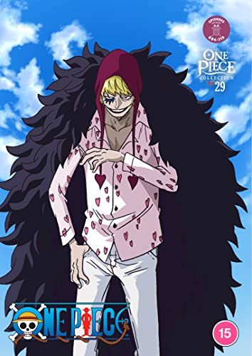 Donquixote Doflamingo wearing a pink heart-patterned shirt and dark feather coat against blue sky.