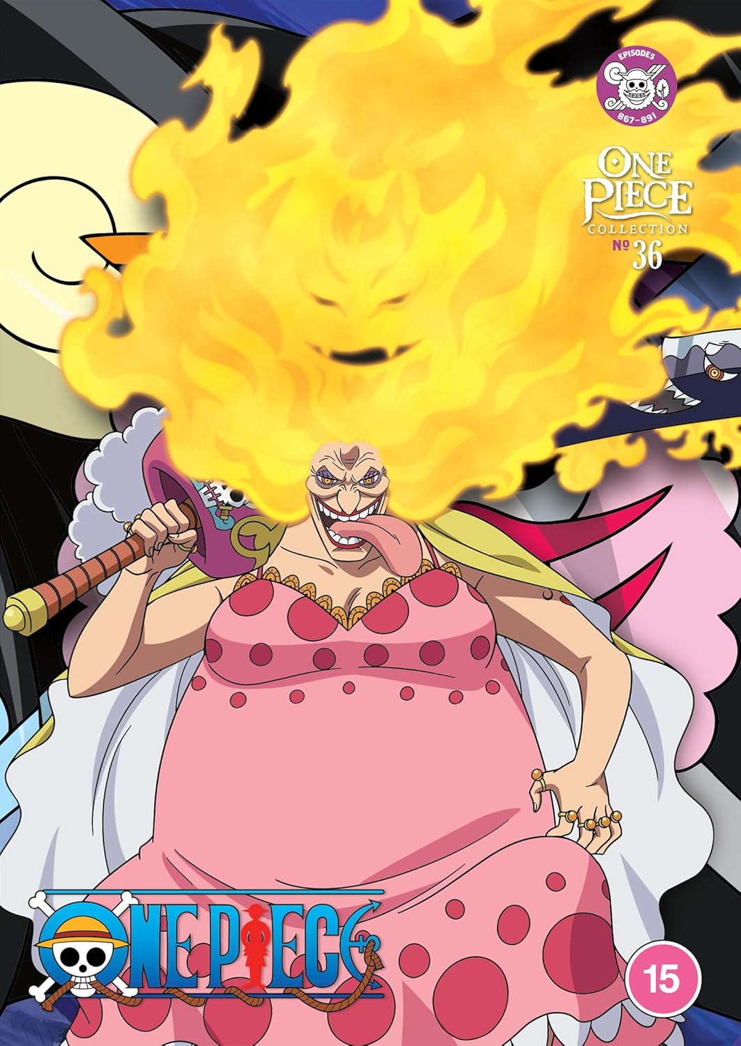 Big Mom from One Piece with flaming hair on the Collection 36 DVD cover.