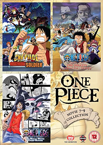 DVD cover art featuring three One Piece movie posters on a map background.