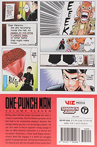 Back cover of One-Punch Man volume 11 featuring manga panels and a book summary.