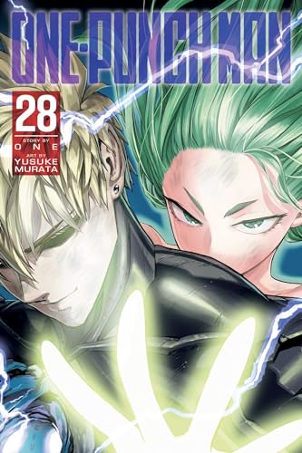 Manga cover of One-Punch Man volume 28 featuring Genos and Tatsumaki with glowing energy.