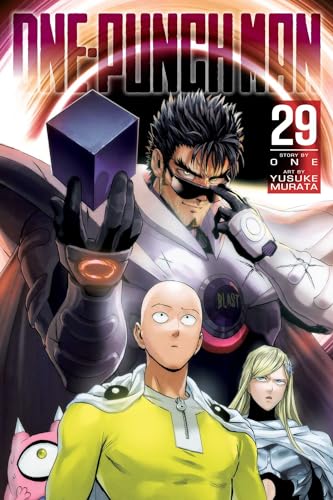 Manga cover featuring Saitama, Blast, and Flashy Flash with a dark mysterious cube.