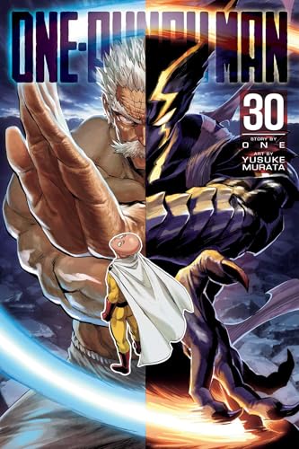 One-Punch Man manga volume 30 cover featuring Saitama standing before Silver Fang and Garou.
