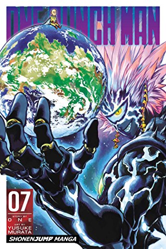 Manga cover featuring a giant alien holding the Earth with Saitama sitting on top.