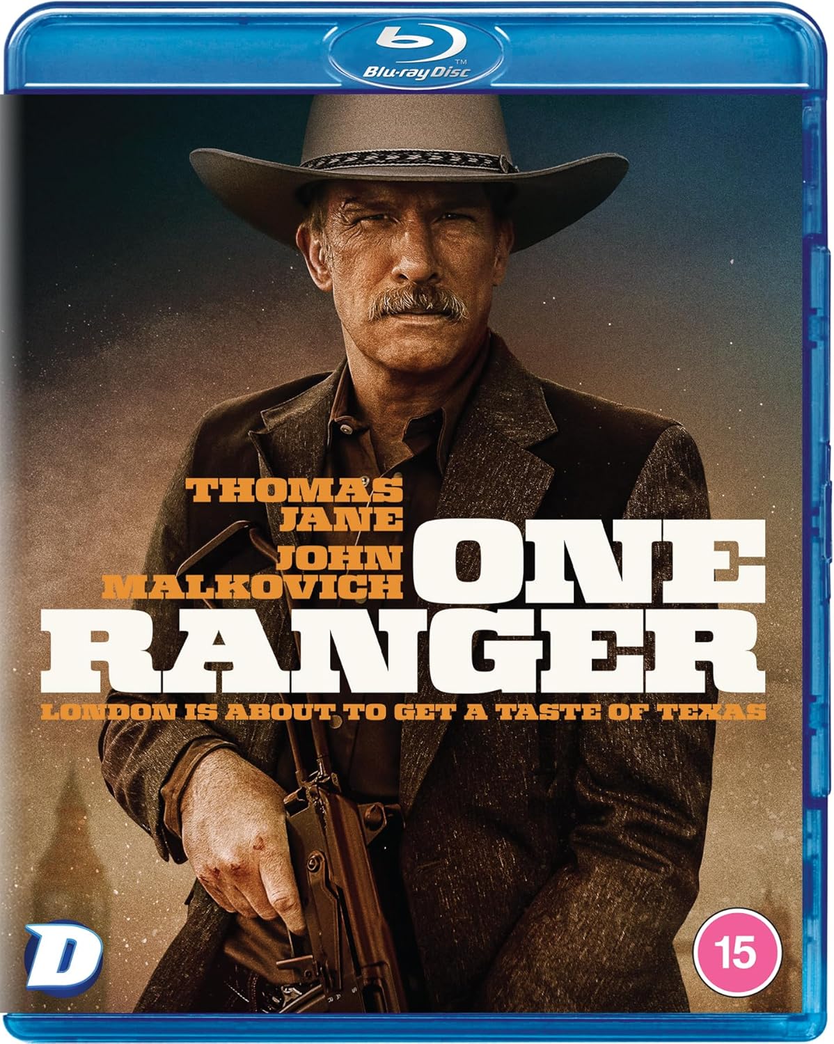 Man in cowboy hat and coat holding gun on Blu-ray case cover.