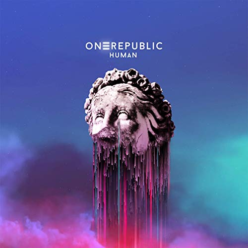Album cover for OneRepublic's Human featuring a melting stone head against a colorful sky.