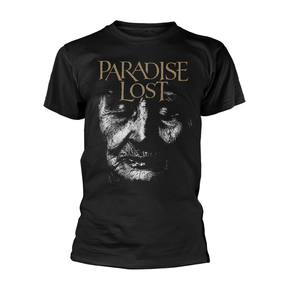 Black t-shirt with a distressed, grayscale portrait and "Paradise Lost" text.