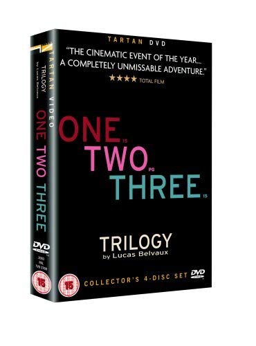 DVD cover for "One Two Three" trilogy, black background with colorful text.