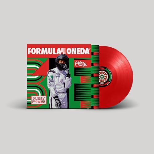 Red vinyl record with cover featuring a racing driver and bold graphics.