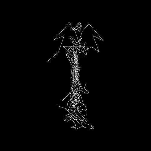 A white line-art drawing of a complex, abstract creature on a black background.
