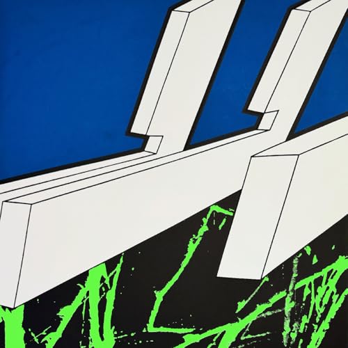 Blue album cover with white geometric shapes and green streaks.