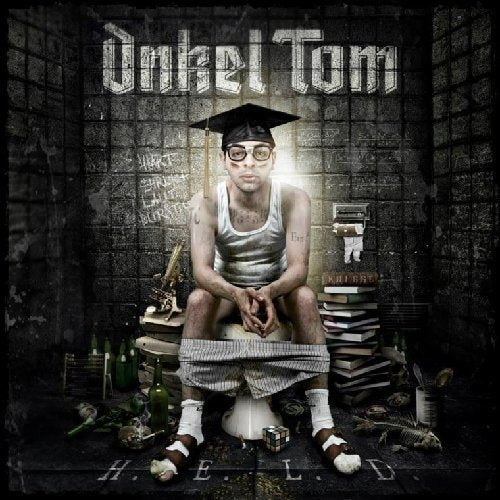 CD cover: man in cap sits on toilet amid debris.