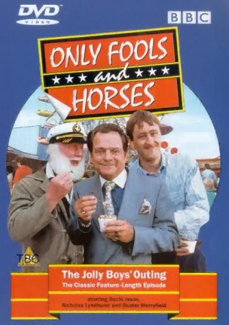 "Only Fools and Horses DVD cover featuring three men holding drinks, blue background."