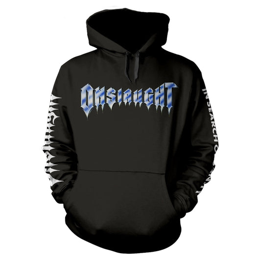 Black hoodie with blue and white "Onslaught" band logo graphic.