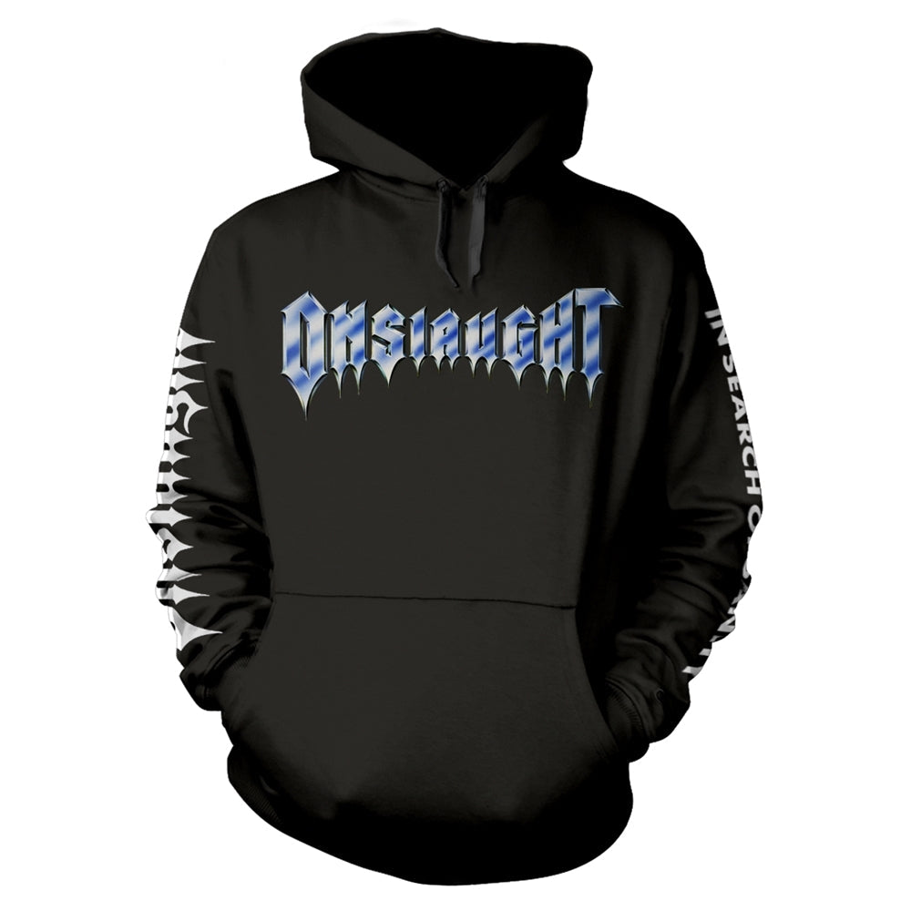 Black hoodie with blue and white "Onslaught" band logo graphic.