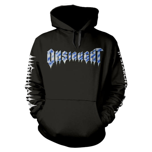 Black hoodie with blue and white "Onslaught" band logo graphic.