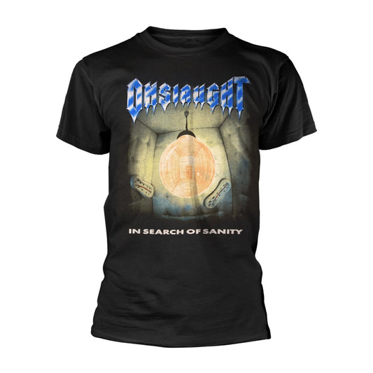 Black t-shirt with album art for "ONSLAUGHT - IN SEARCH OF SANITY".