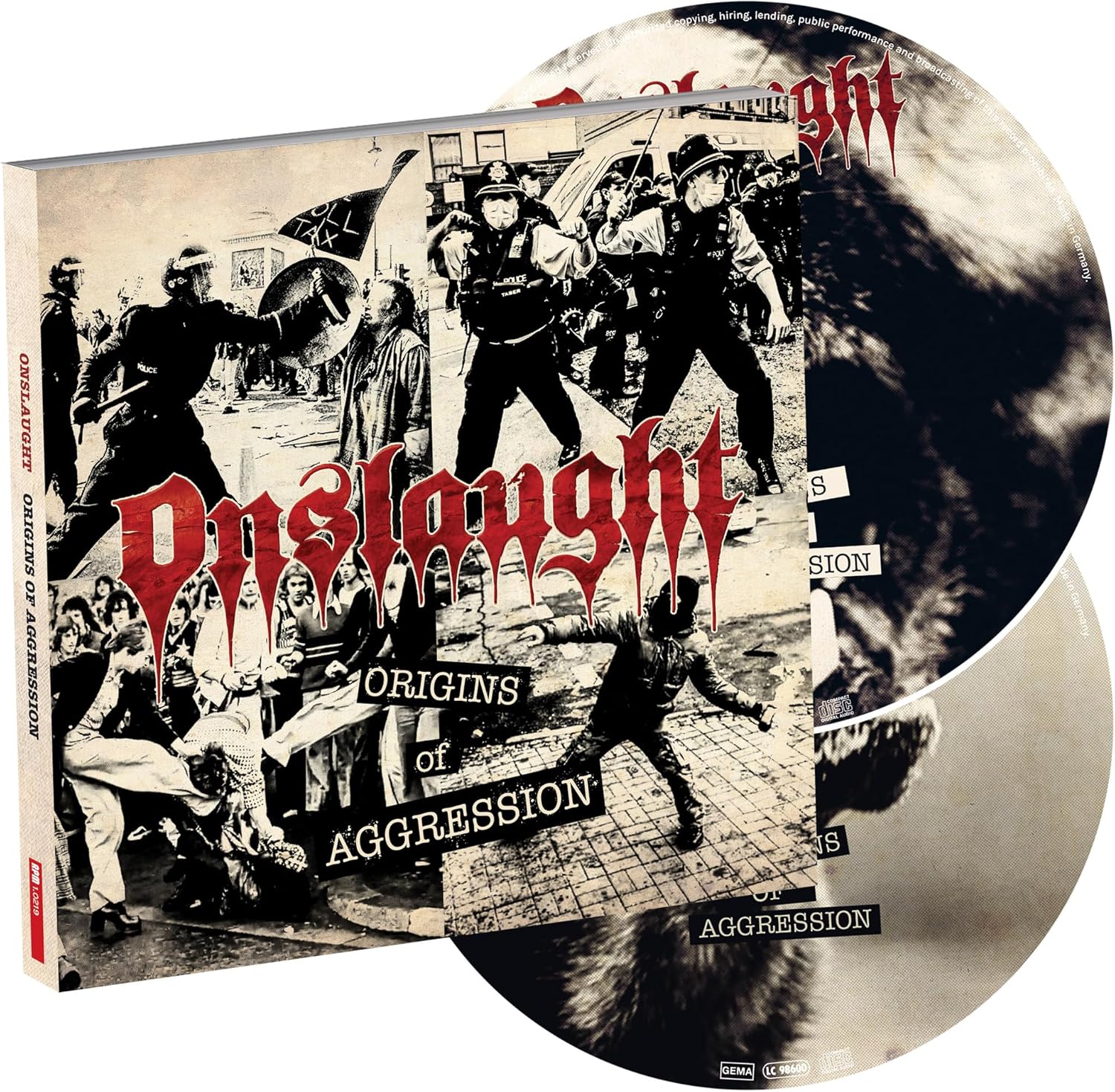 CD digipak for Onslaught’s “Origins of Aggression” with protest imagery.