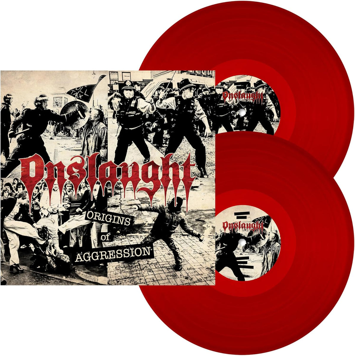 Two red vinyl records with a black and white protest image cover.
