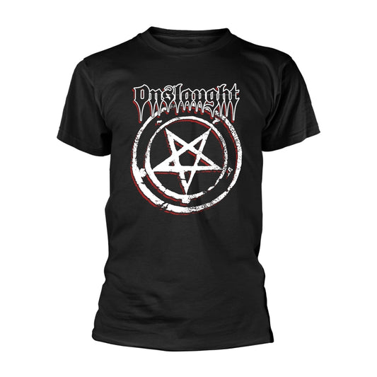 Black t-shirt with white Onslaught band logo and pentagram design.