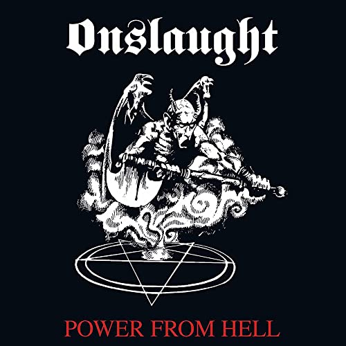 CD cover: demonic figure with guitar, pentagram, and band name "Onslaught".
