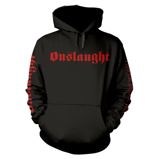 Black hooded sweatshirt with red "Onslaught" text and sleeve graphics.