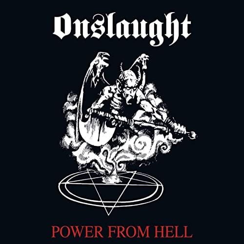 Onslaught album cover: demonic figure playing guitar within a pentagram.