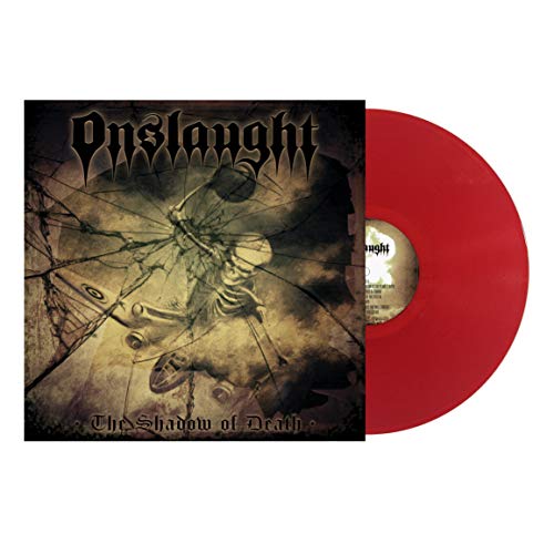 Onslaught "Shadow of Death" vinyl record with cracked cover art and red disc.