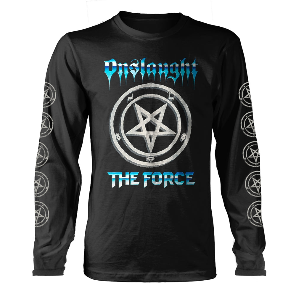 Black long-sleeve shirt with band logo and pentagram designs.