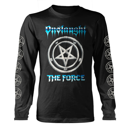 Black long-sleeve shirt with band logo and pentagram designs.