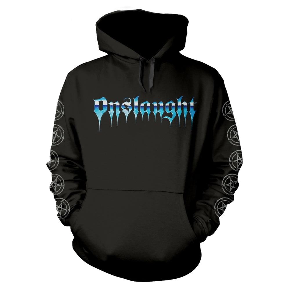 Black hooded sweatshirt with silver and blue “Onslaught” graphic.