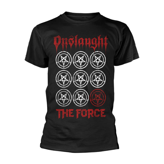 Black t-shirt with red “Onslaught - The Force” text and pentagrams.
