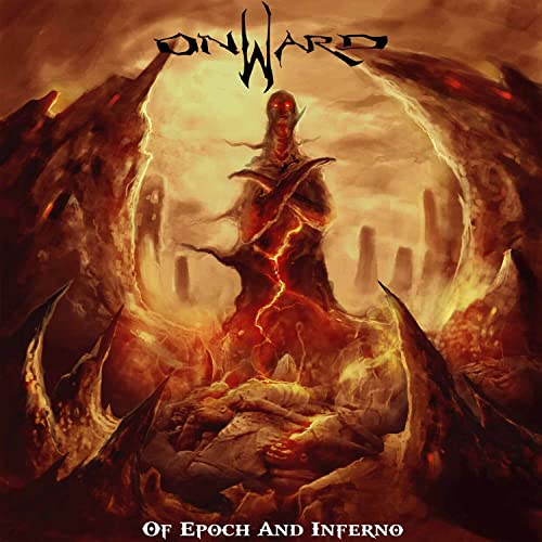 Dark fantasy album cover with a cloaked figure amidst fiery, rocky terrain.