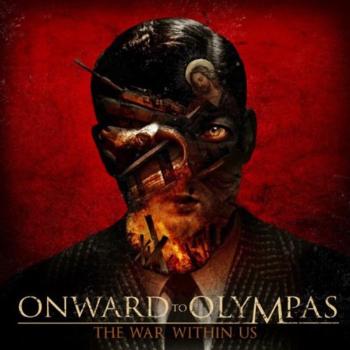 "Album cover featuring a man with a metal face mask against a red background."