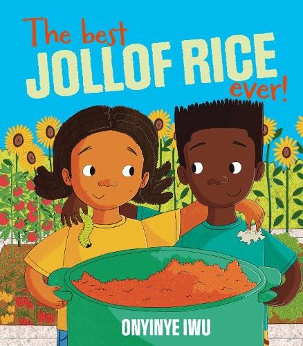 Book cover illustration showing two children holding a large pot of Jollof rice.