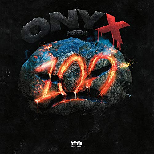 The image is a vinyl record cover with a dark, rocky boulder and fiery numbers. For accessibility purposes, a concise alt text could be: "Album cover with a black boulder and glowing '100'".