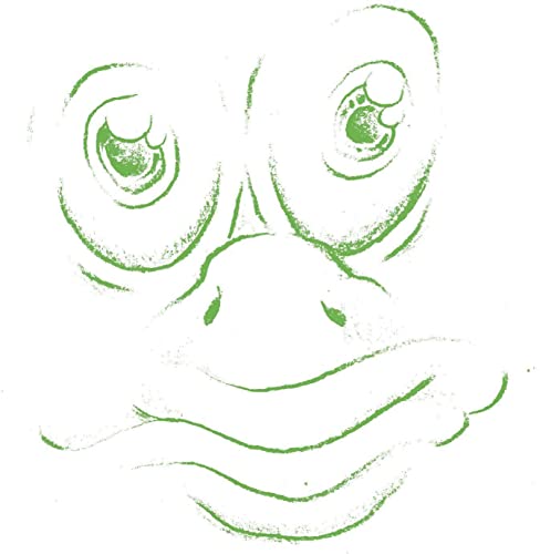 Green, textured drawing of a frog’s face with large eyes.
