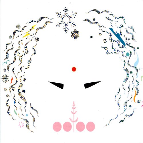 Abstract face illustration with snowflake hair, a red dot, and black eyes on white.