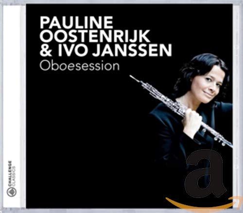 CD cover: Pauline Oostenrijk & Ivo Janssen with an oboe, black background.