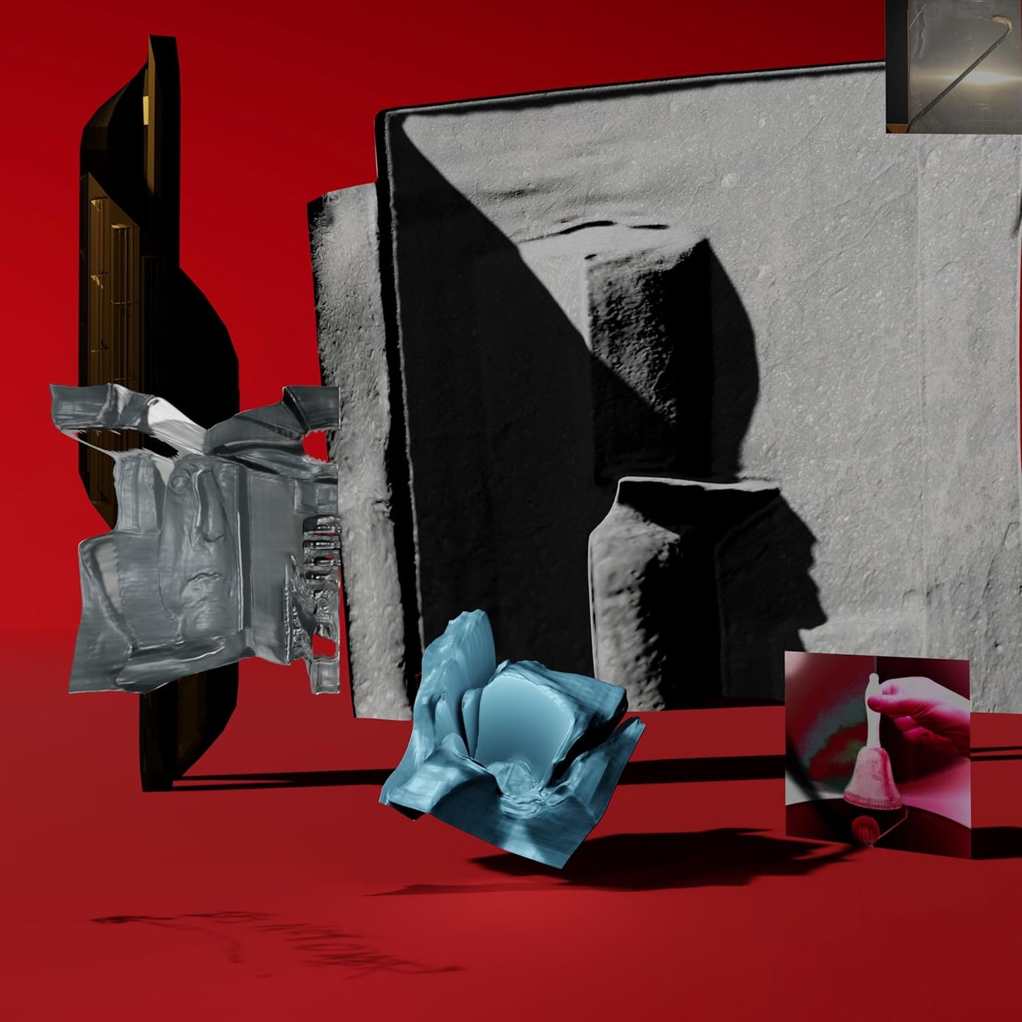 Abstract vinyl record album cover with fragmented sculpture and red background.