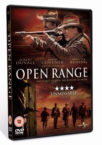 DVD cover for "Open Range" featuring cowboys with guns in a western scene.