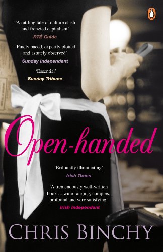 Book cover: woman in apron, holding a pen, title "Open-handed".