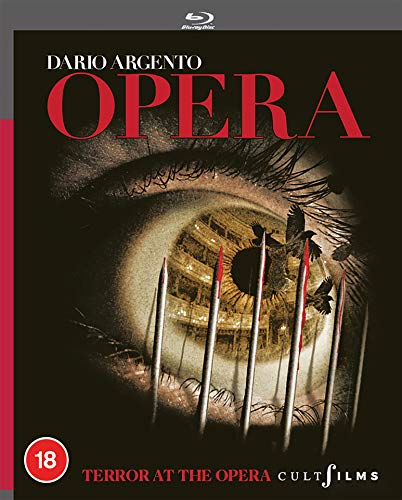 Blu-ray cover for Dario Argento's Opera showing a large eye with needles and birds.